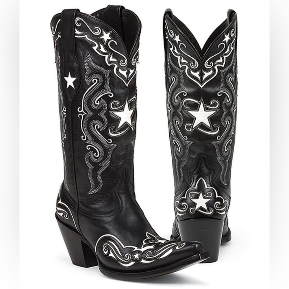 BLACK STAR || Vintage Black & White Starr Leather Cowboy Boots in Black - SZ 7